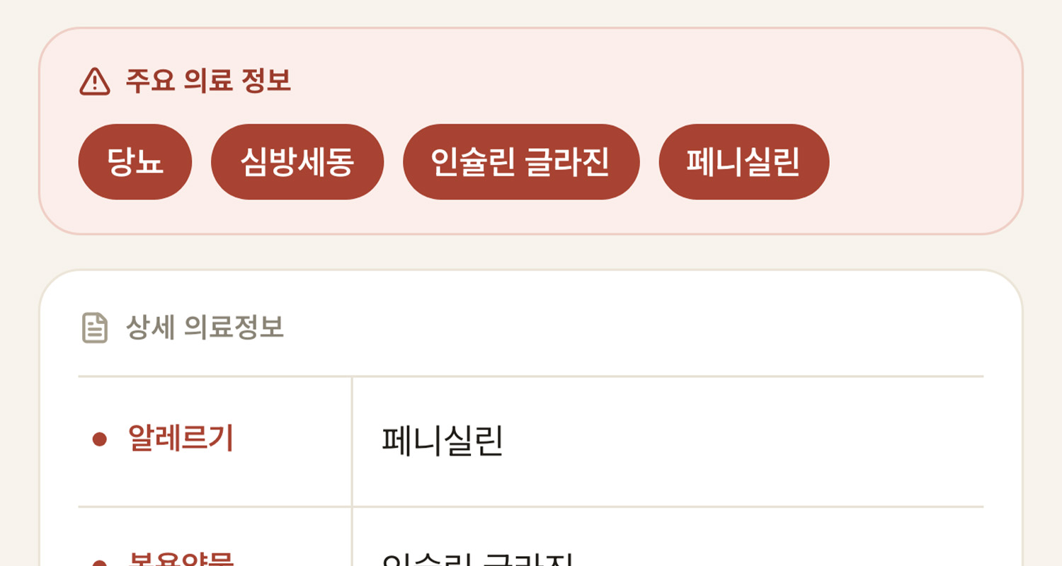 주요 의료 정보와 상세 의료정보가 표시된 응급 정보 페이지