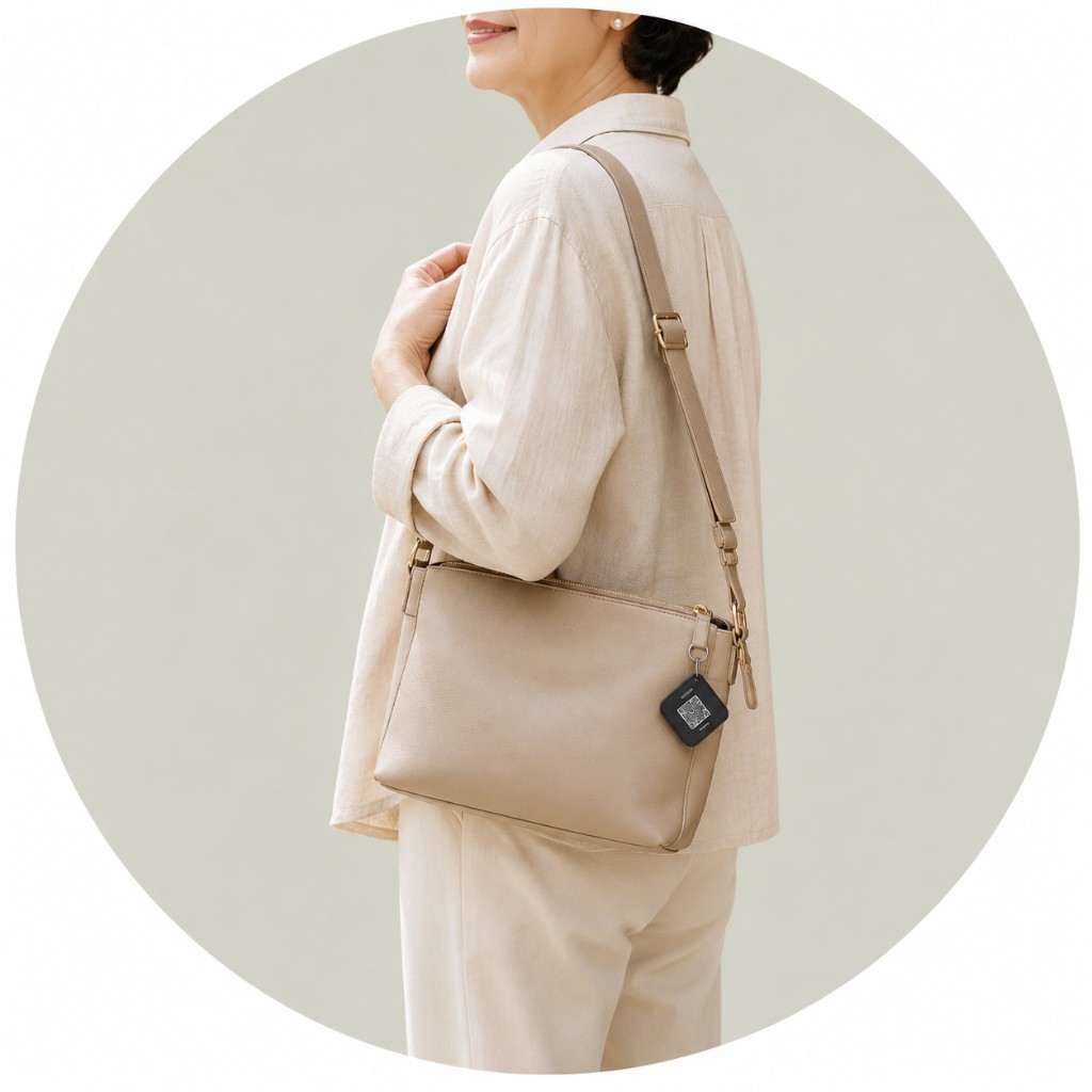 크로스백에 MAJU& 시니어 안심 태그가 달린 모습